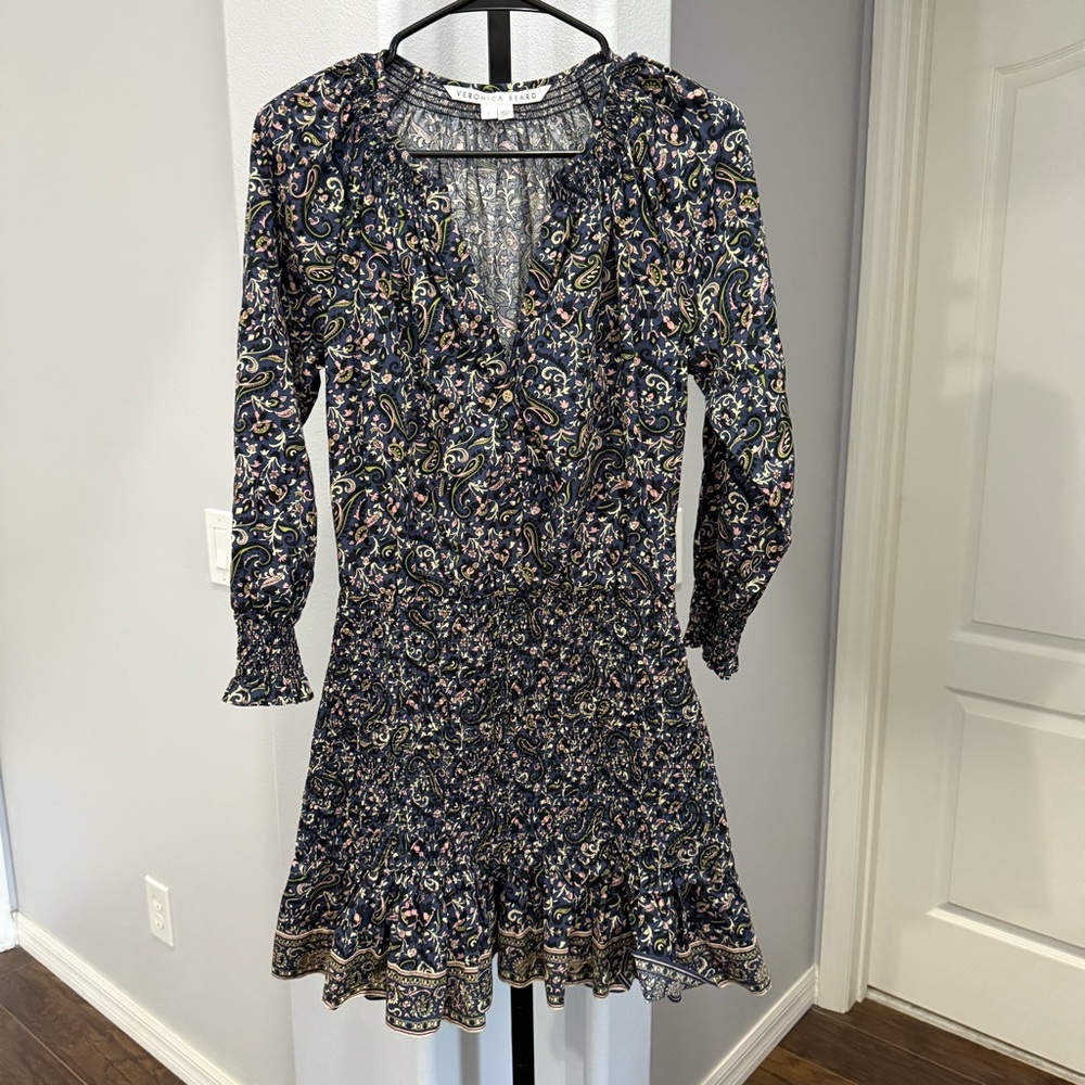 Veronica Beard Karlina Dress Paisley Flouncy Mini Dress in Navy Print Size 2 - Picture 2 of 9
